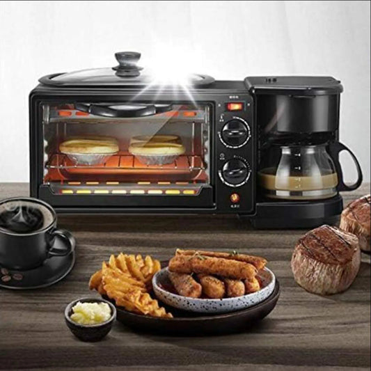 3 in 1 Breakfast Maker with Glass Lid Versatile Toasters with Frying Pan Mini Oven Includes Coffee Maker for Sandwich Kitchen