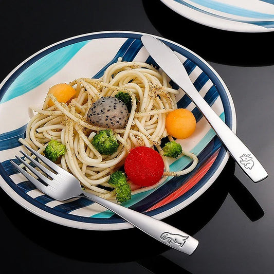 304 Stainless Steel Children's Tableware Set with Pieces Featuring Dinosaur Patterns, Affordable Including Knives Forks Spoons
