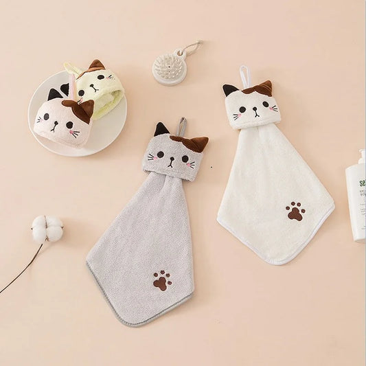 Cute Cat Kitchen Cleaning Towel Hanging Hand Towels Absorbent Dishcloths Coral Velvet Soft Cleaning Cloth Rag