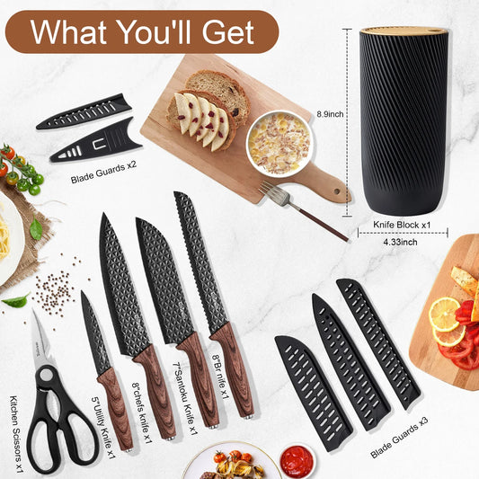 6PCS Kitchen Knife Set with Block Cover, Ultra Sharp High Carbon Stainless Steel Blade, Non Stick & Ergonomic Handle