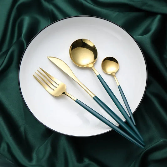 Stainless Steel Cutlery Set, 4pcs Fork, Spoon, Knife, Chopsticks, Dinnerware, Tea Spoon, Flatware Set, Silverware, Black Gold