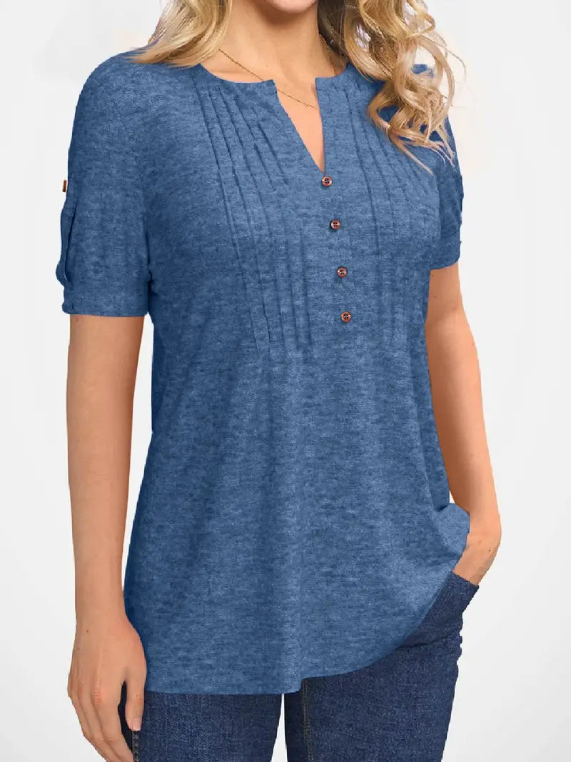 Pleated Button Short Sleeve Loose Summer T-shirt