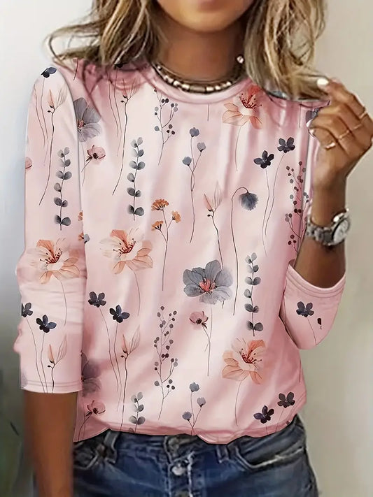 Floral Print Crew Neck Long Sleeve T-Shirt