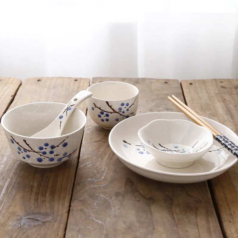 6-Piece Set Japanese Rice Bowl Dishes, Chopsticks, Spoon Ceramic Tableware Household Single Food