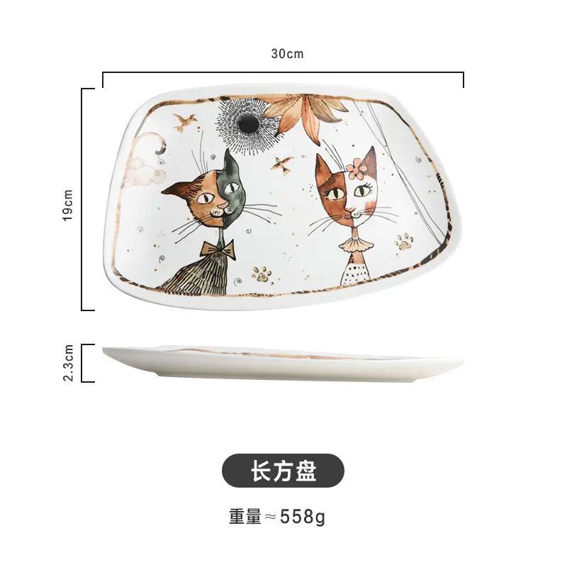 Cute Cartoon Cat Ceramic Tableware Household Soup Noodle Bowls Fruit Steak Food Plate Dishes Creative Porcelain Dinnerware
