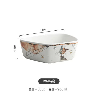 Cute Cartoon Cat Ceramic Tableware Household Soup Noodle Bowls Fruit Steak Food Plate Dishes Creative Porcelain Dinnerware