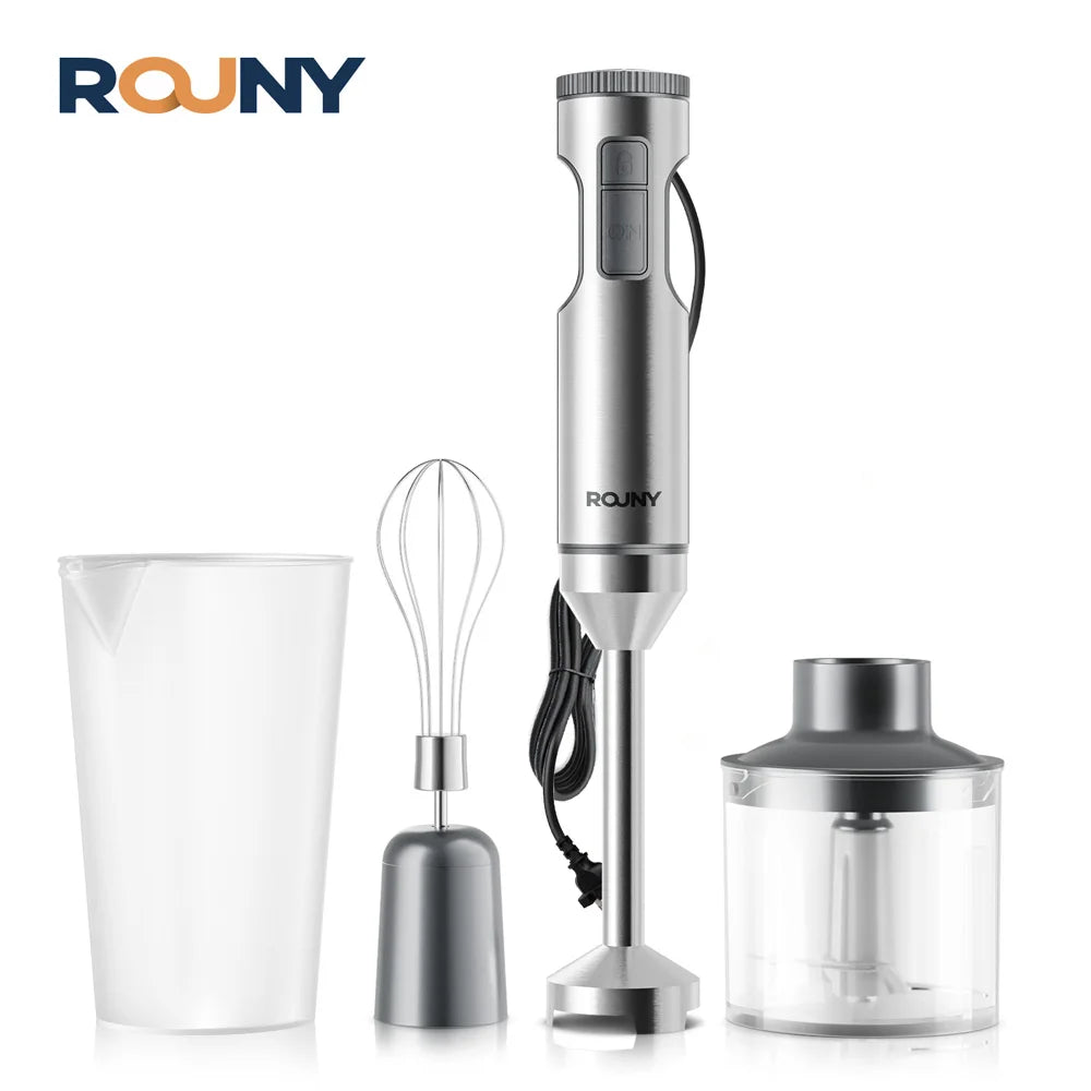 ROUNY 4-in-1 Hand Immersion Blender 1000W Powerful, Stainless Steel Stick Food Mixer,700ml Mixing Beaker,500ml Processor, Whisk