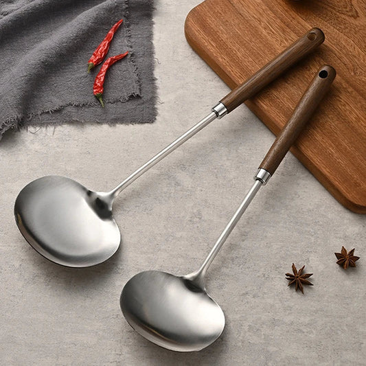 Long Handle Mushroom Shovel Kitchen Cooking Utensils Stainless Steel Wok Spatula Chef-specific Cooking Spoon Wooden