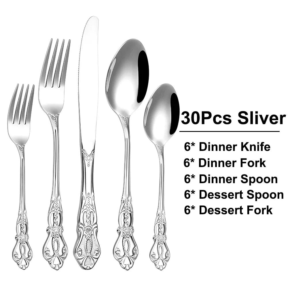 6/24/30 Pieces Sliver Cutlery Set Stainless Steel Tableware Western Luxury Dinner Set Mirror Elegant Knife Fork Spoon Flatware