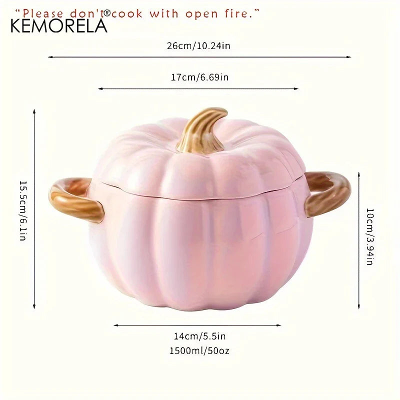 50OZ Dutch Oven Pot With Lid Ceramic Pumpkin Dish Halloween Pumpkin Pottery Dessert Saucepan No Open Flames Cute Pumpkin Bowl