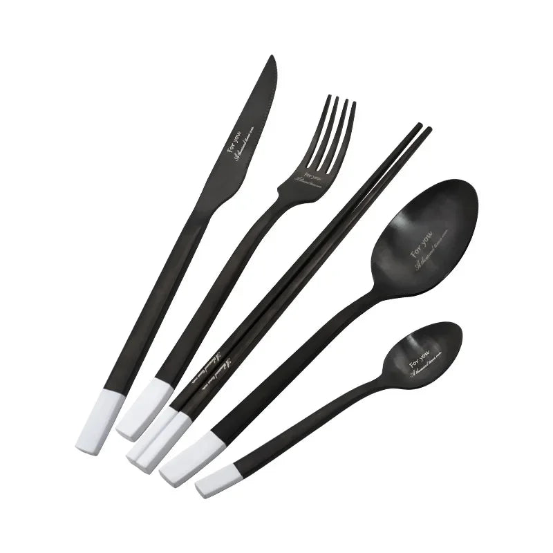 Stainless Steel Cutlery Set, Dinnerware Set, Knife, Fork, Spoon, Chopsticks, Coffee Spoon, Elegant Black White Tableware