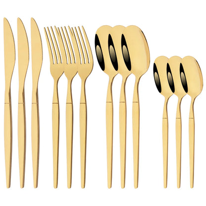 12Pcs Stainless Steel Dinnerware Set Golden Cutlery Spoon Fork Knife Western Cutlery Silverware Flatware Tableware Supplies