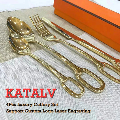4Pcs Luxury Cutlery Set Stainless Steel Knife Fork Spoon Tableware European Dinnerware Creativity Hangable Design Support Logo