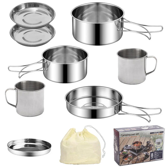 Stainless Steel 8Pcs Cookware Set for Camping Camping Pot and Pan Set with Cups Outdoor 2-3 Person Tableware for Hiking Picnic
