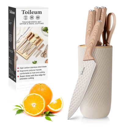 6PCS Kitchen Knife Set with Block Cover, Ultra Sharp High Carbon Stainless Steel Blade, Non Stick & Ergonomic Handle