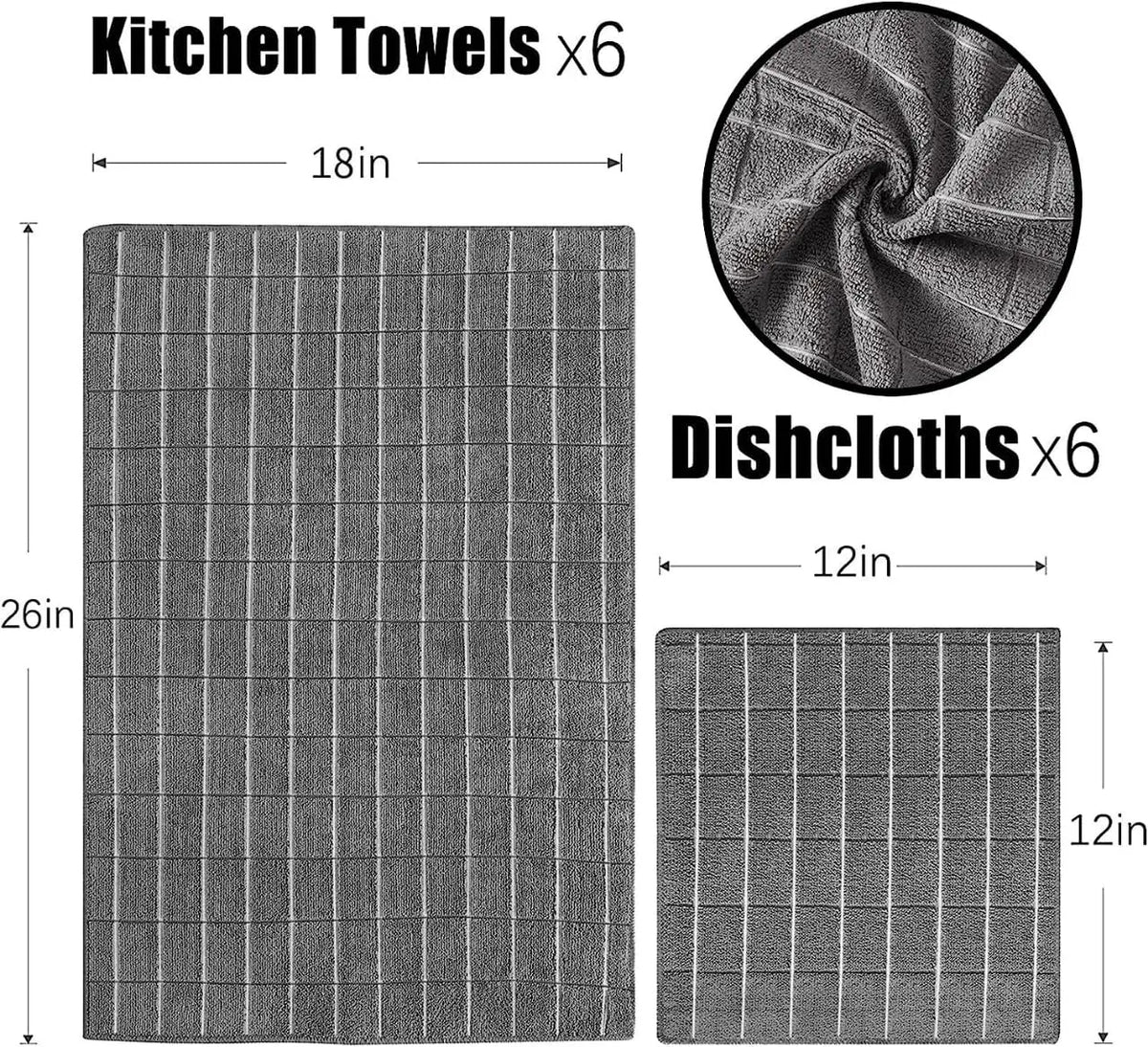 12pcs Microfiber Kitchen Towels and Dishcloths Set, 26 X 18 Inch and 12 X 12 Inch, Bulk Lint Free Dish Towels for Drying Dishes