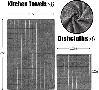 12pcs Microfiber Kitchen Towels and Dishcloths Set, 26 X 18 Inch and 12 X 12 Inch, Bulk Lint Free Dish Towels for Drying Dishes