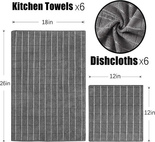 12pcs Microfiber Kitchen Towels and Dishcloths Set, 26 X 18 Inch and 12 X 12 Inch, Bulk Lint Free Dish Towels for Drying Dishes