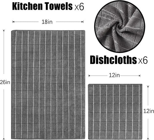 12pcs Microfiber Kitchen Towels and Dishcloths Set, 26 X 18 Inch and 12 X 12 Inch, Bulk Lint Free Dish Towels for Drying Dishes