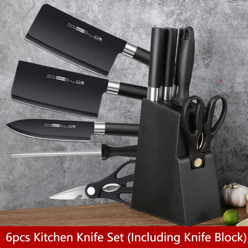 6pcs Kitchen Knife Set with Knife Holder High-grade Black Steel Knife Set Gift Knife Stainless Steel Kitchen Utensils Household