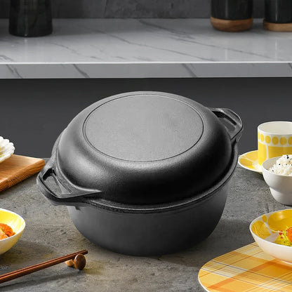 2 in 1 Cast Iron Dutch Oven with Skillet Lid Skillet Cookware Pan Set with Dual Handles for Bread Frying Baking