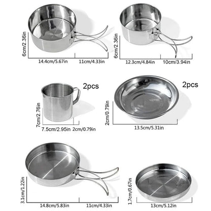 Stainless Steel 8Pcs Cookware Set for Camping Camping Pot and Pan Set with Cups Outdoor 2-3 Person Tableware for Hiking Picnic