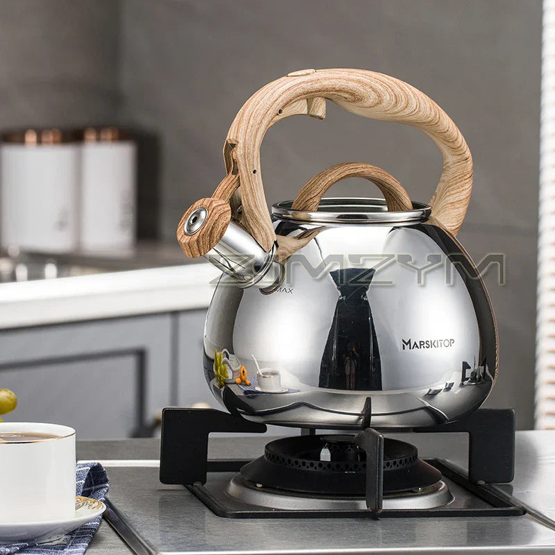 2.5L Sound Kettle Stovetop Stainless Steel Boiling Water Kettle With Loud Whistle Wooden Handle Gas Induction Cooker Tea Kettle