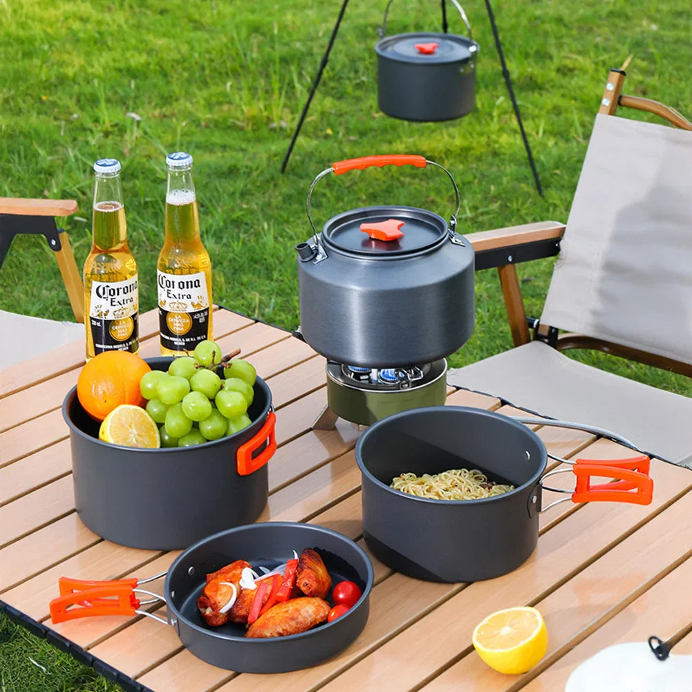 Camping Cookware Set Aluminum Portable Outdoor Tableware Cookset Cooking Kit Pan Bowl Kettle Pot Hiking BBQ Picnic Equipment