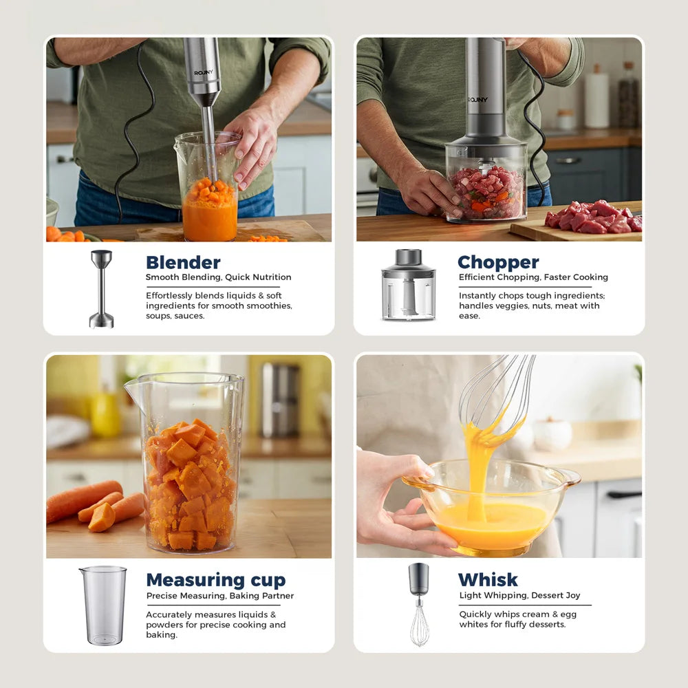 ROUNY 4-in-1 Hand Immersion Blender 1000W Powerful, Stainless Steel Stick Food Mixer,700ml Mixing Beaker,500ml Processor, Whisk