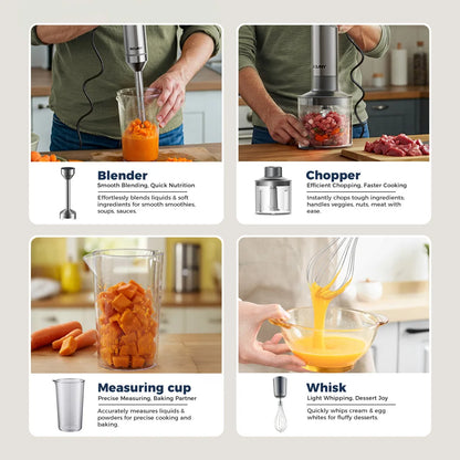 ROUNY 4-in-1 Hand Immersion Blender 1000W Powerful, Stainless Steel Stick Food Mixer,700ml Mixing Beaker,500ml Processor, Whisk