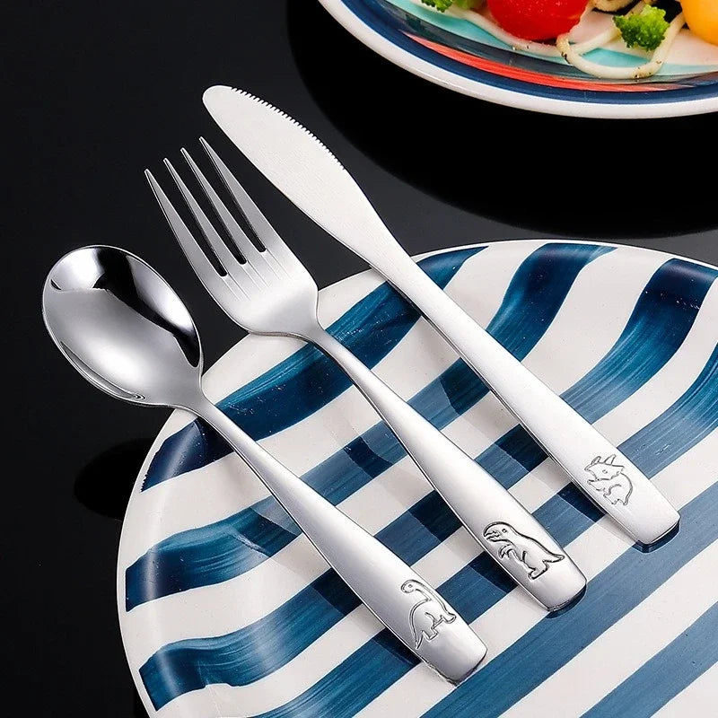 304 Stainless Steel Children's Tableware Set with Pieces Featuring Dinosaur Patterns, Affordable Including Knives Forks Spoons