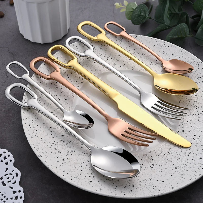 4Pcs Luxury Cutlery Set Stainless Steel Knife Fork Spoon Tableware European Dinnerware Creativity Hangable Design Support Logo