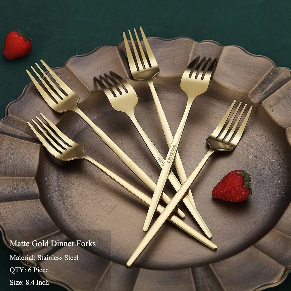 6 Pcs Silvere/Golden Flatware 8.2 Inch Stainless Steel Dinner Fork  Camping Dinnerware Set Tableware Eating Utensils