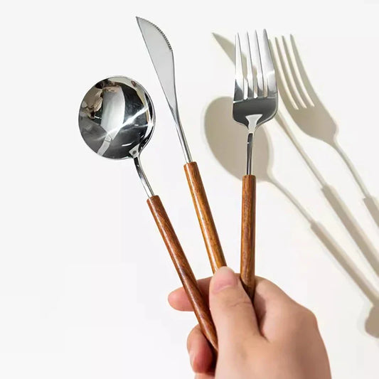 3-Piece Flatware Set with Wooden Handle, 304 Stainless Steel Cutlery Set, Mirror Polished Knife Fork Spoon