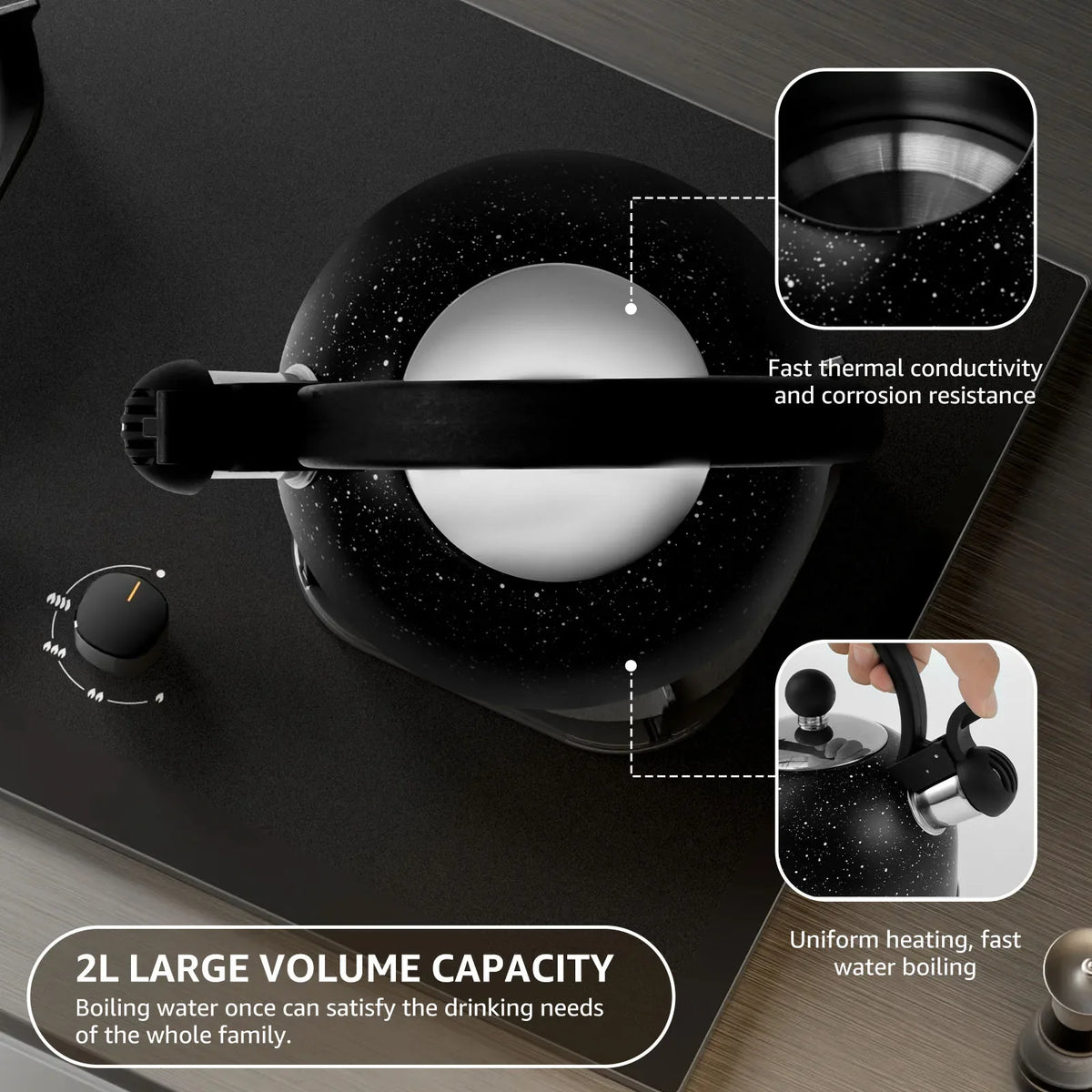 Whistling Kettle with Ergonomic Handle 2L Stove Top Kettle Stainless Steel Stove Top Tea Kettle Rapid Boiling Stove Top Tea Pots