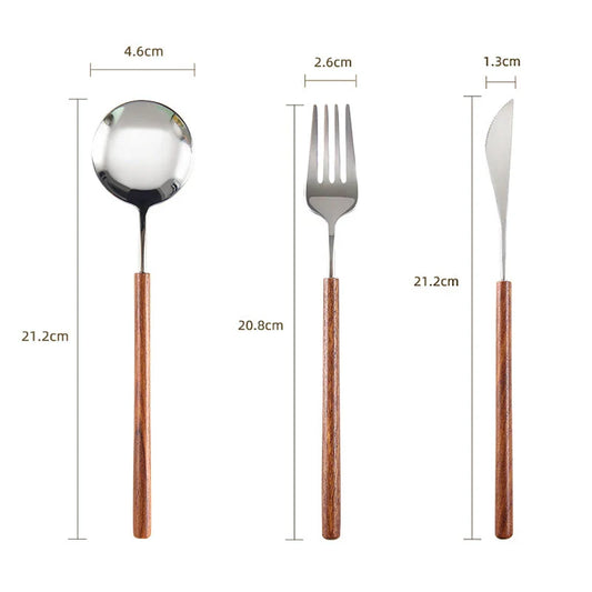 3-Piece Flatware Set with Wooden Handle, 304 Stainless Steel Cutlery Set, Mirror Polished Knife Fork Spoon