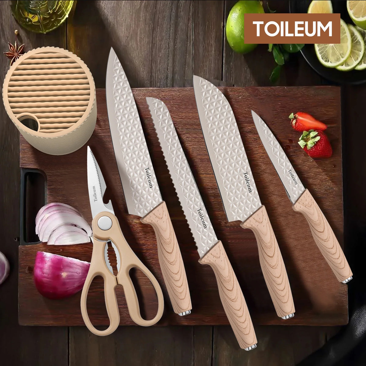 6PCS Kitchen Knife Set with Block Cover, Ultra Sharp High Carbon Stainless Steel Blade, Non Stick & Ergonomic Handle
