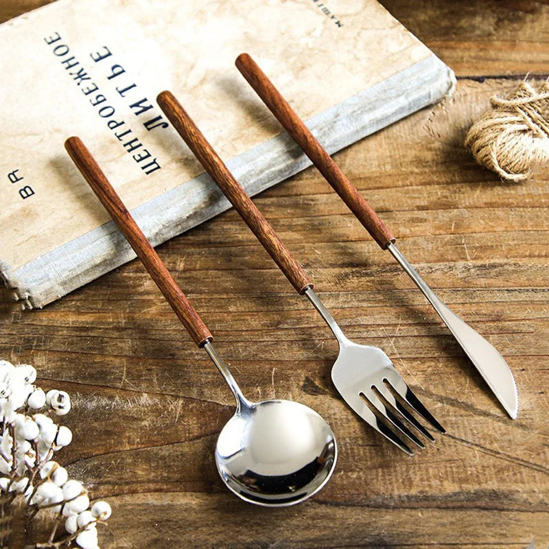 3-Piece Flatware Set with Wooden Handle, 304 Stainless Steel Cutlery Set, Mirror Polished Knife Fork Spoon
