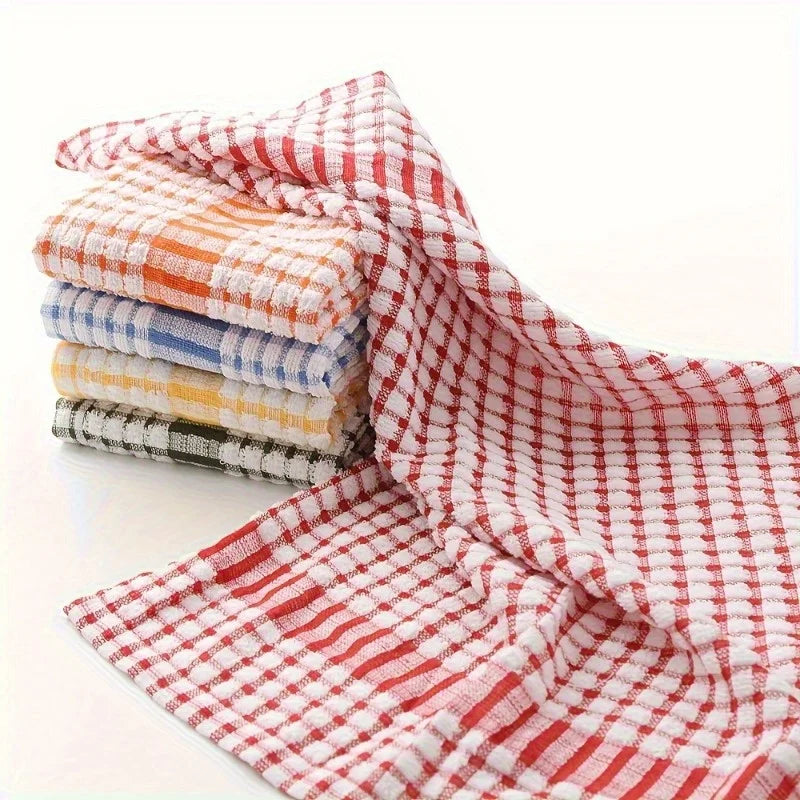 5pcs Absorbent Plaid Dish Towels - Reusable Kitchen Cleaning Cloths in Assorted Colors (Red, Blue, Orange, Yellow, Green)