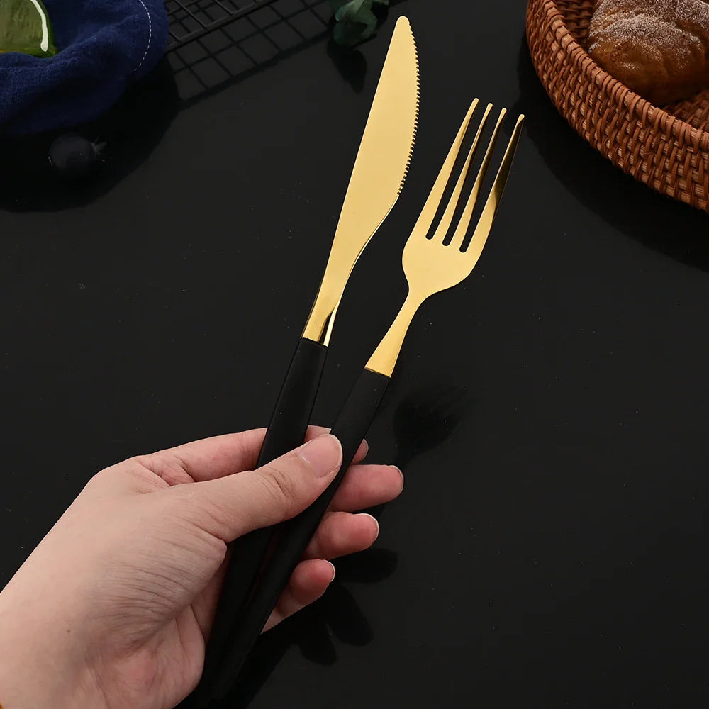 12Pcs Stainless Steel Dinnerware Set Golden Cutlery Spoon Fork Knife Western Cutlery Silverware Flatware Tableware Supplies