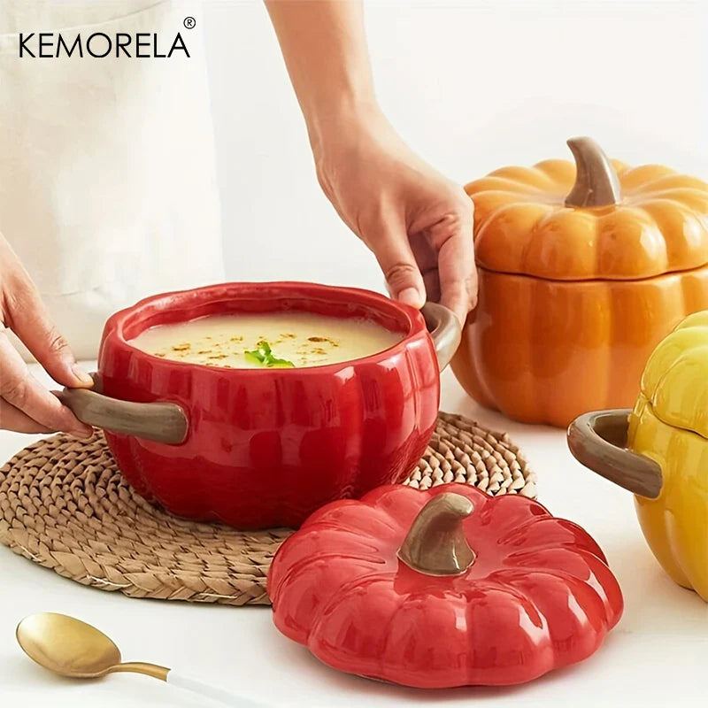 50OZ Dutch Oven Pot With Lid Ceramic Pumpkin Dish Halloween Pumpkin Pottery Dessert Saucepan No Open Flames Cute Pumpkin Bowl