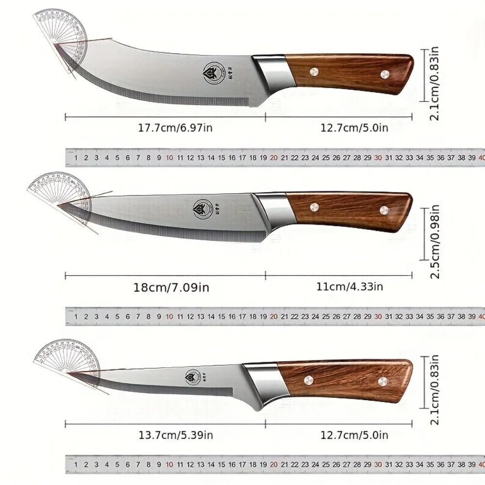 3pcs Professional Boning Knife Set Stainless Steel Ultra Sharp Chef &Skinning Knives with Sheath Heavy-Duty Meat Cutting Tools
