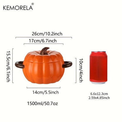 50OZ Dutch Oven Pot With Lid Ceramic Pumpkin Dish Halloween Pumpkin Pottery Dessert Saucepan No Open Flames Cute Pumpkin Bowl