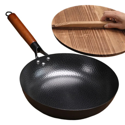 30cm Frying Pan Cast Iron Pan Uncoated Kitchen Cookware with Anti-scald Wooden Handle for Gas Stove Induction Cooker