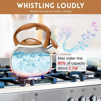3L Tea Kettle with Wood Pattern Anti Hot Handle Loud Whistle Stainless Steel Kettle Heat Resistant for Boiling Water Coffee Milk