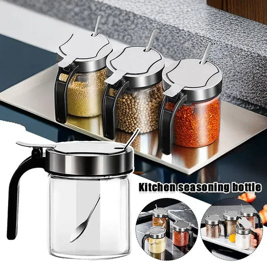 300ml Glass Seasoning Jar Stainless Steel Lid With Spoon Condiment Bottle Salt Shaker Kitchen Supplies Storage Set Spice Boxes Y