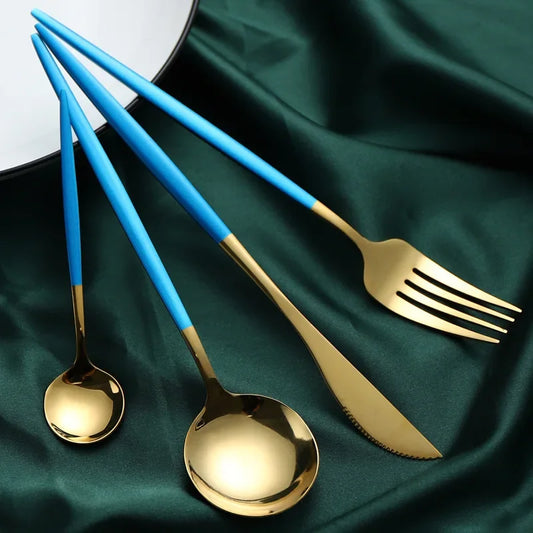Stainless Steel Cutlery Set, 4pcs Fork, Spoon, Knife, Chopsticks, Dinnerware, Tea Spoon, Flatware Set, Silverware, Black Gold