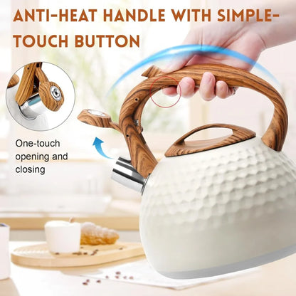 3L Tea Kettle with Wood Pattern Anti Hot Handle Loud Whistle Stainless Steel Kettle Heat Resistant for Boiling Water Coffee Milk