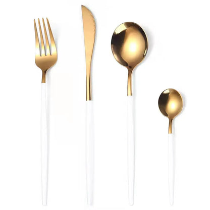 Stainless Steel Cutlery Set, 4pcs Fork, Spoon, Knife, Chopsticks, Dinnerware, Tea Spoon, Flatware Set, Silverware, Black Gold