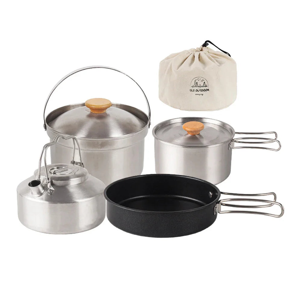 Camping Cookware Set Outdoor Picnic Cookware Kit Stainless Steel Pot Frying Pan Kettle Set Travel Cooking Accessory